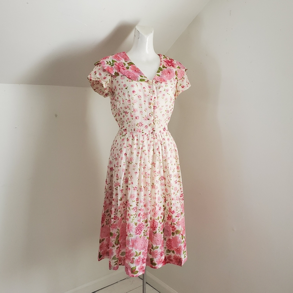50s Vintage Nelly Don Pink & White Floral Tea Dress With Flat Collar